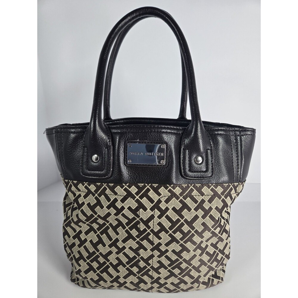 Tommy Hilfiger Monogram Satchel Handbag Black Beige Jacquard Double Handle 2011